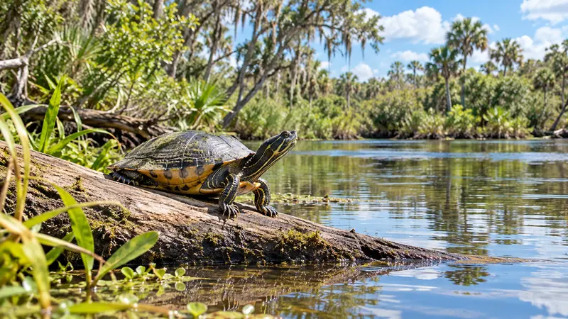 Freshwater turtle basking on a sunlit marsh log
