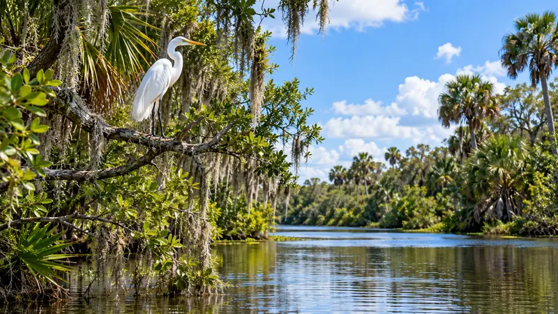 White egret perched near the water in a Florida wetland