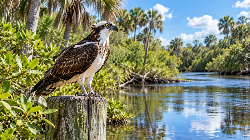 Osprey perched on a riverside post among palms near a Florida waterway