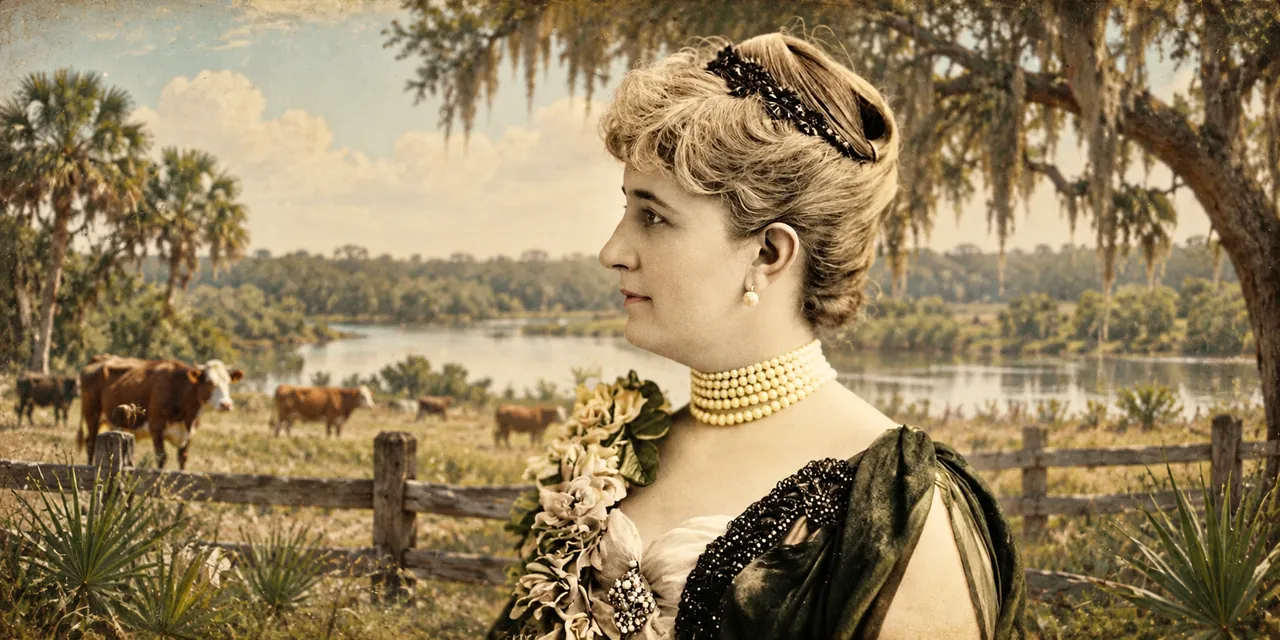 Vintage-style illustration of a woman in period clothing with cattle and Florida river scenery
