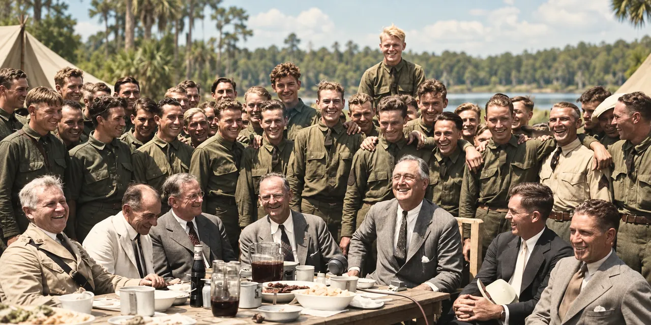 Vintage-style illustration of a group gathered beside a river during the early state park era