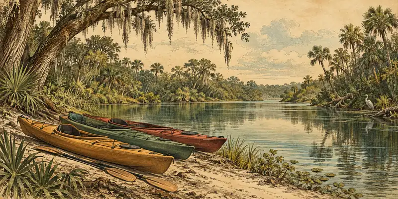 Illustration of three kayaks resting on the sandy shore of the Myakka River