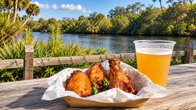 Chicken wings in a paper tray with a drink overlooking the river